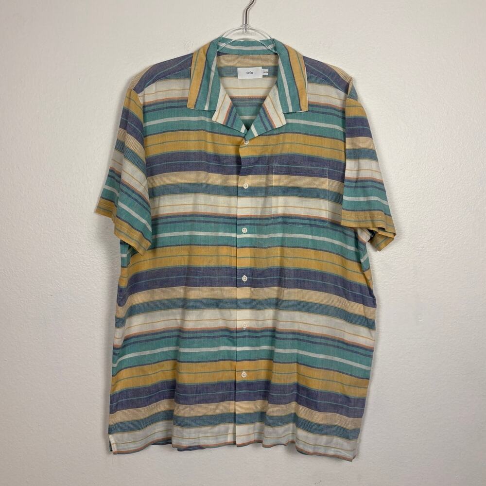 Onia Stripe Cotton Linen Blend Button Down Collared Shirt XL